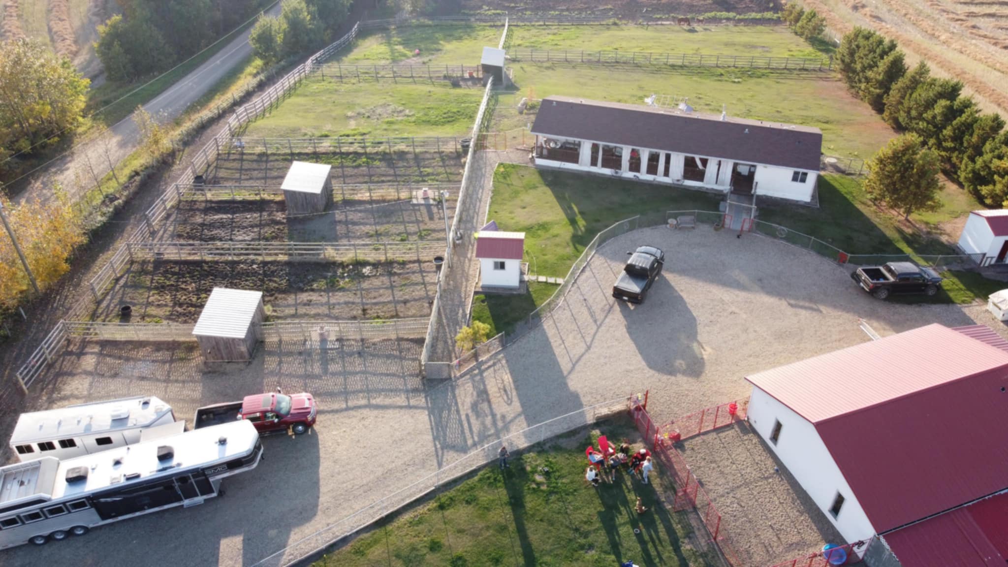 Aerial view of Alberta dog adoption facility in Lacombe, Alberta. Over 6 acres of rural property for adoptable dogs.